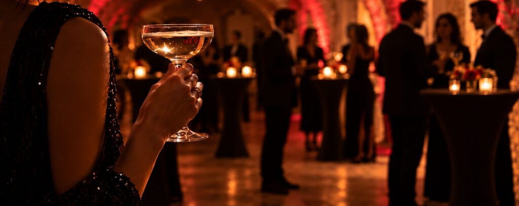 Gast mit Champagnerglas bei einem Abendevent im Gewölbe