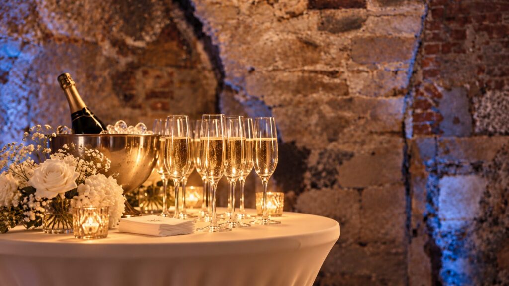Champagner und Gläser auf einem Stehtisch im Gewölbekeller