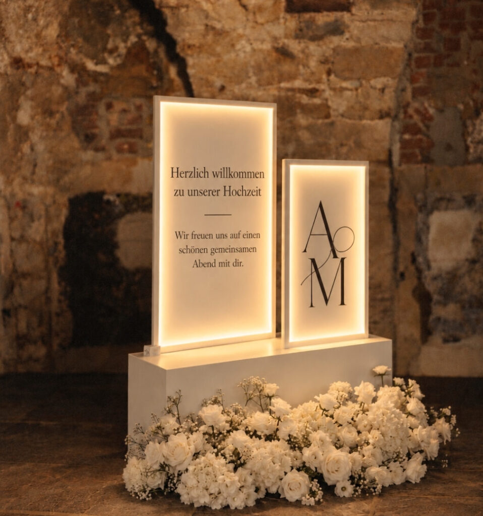 Beleuchtetes Willkommensschild mit Blumen bei einer Hochzeit