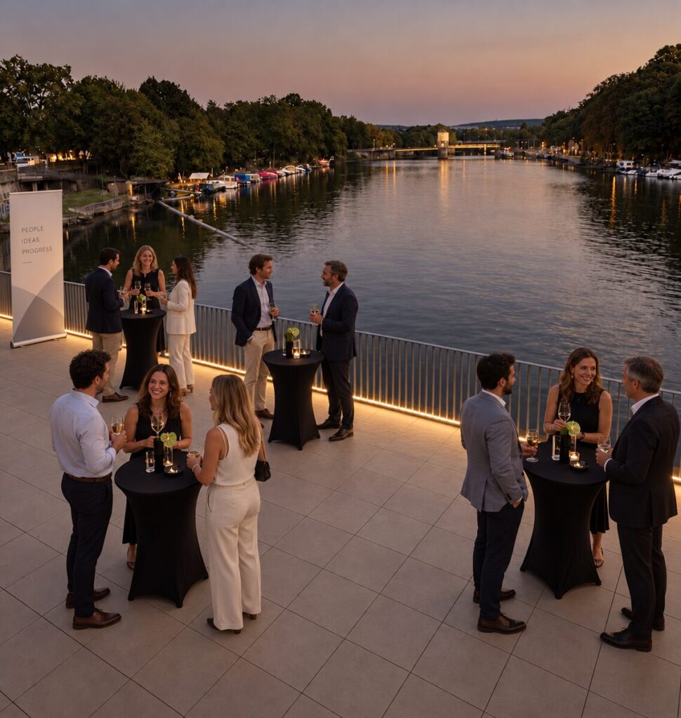 Gäste bei einem Empfang auf der Terrasse direkt am Wasser